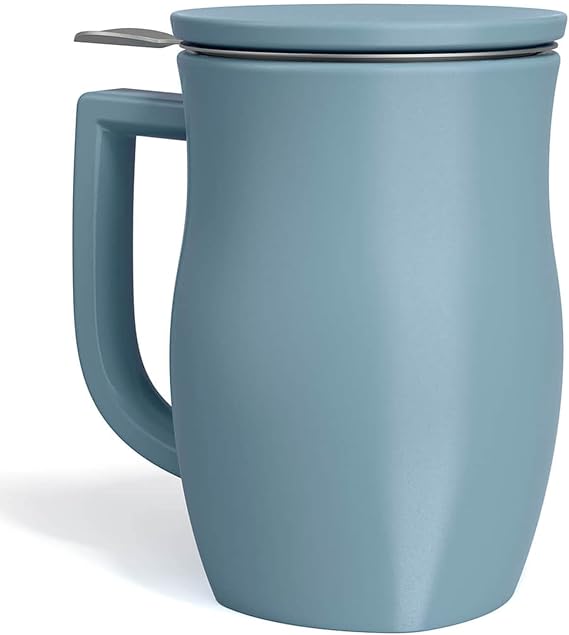 Tea Forte Ceramic Fiore Tea Cup with Infuser, Stone Blue, 14 oz