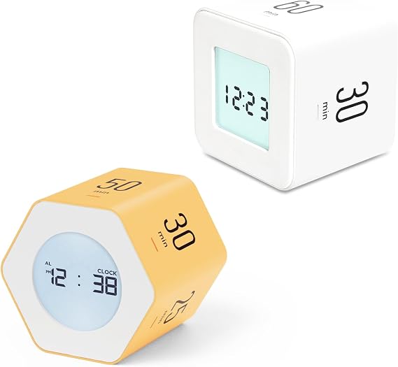 Mooas Productivity Timer Set: Multi Cube Time Timer (White) & Multi-Hexagon Clock Timer (Yellow) Desk Timer, Productivity Digital Cube, and ADHD Timer for Study, Kitchen, Office, Classroom, Gym