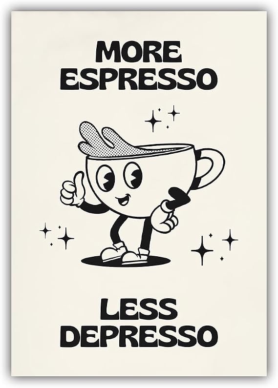 Vintage More Espresso Less Depresso Poster Cute Cartoon Coffee Cup Black and White Wall Art Funny Trendy Aesthetics Decor Home Living Room Restaurant Coffee Shop Wall Print Canvas 16x24inch Unframed