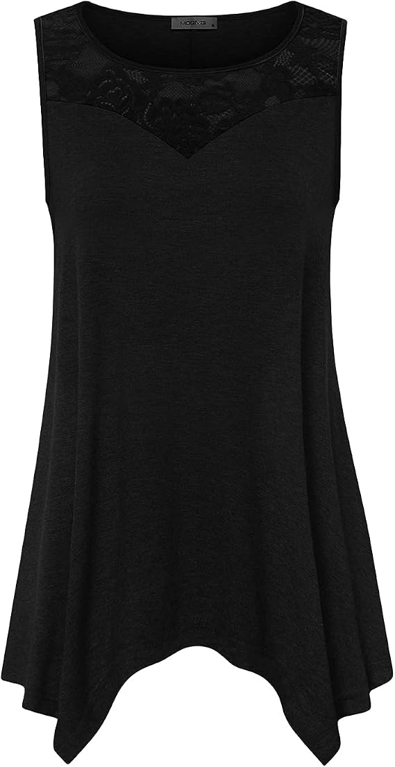 MOQIVGI Womens Sleeveless Tops Trendy Casual Lace Patchwork Asymmetrical Hem Tunic Tank Shirts
