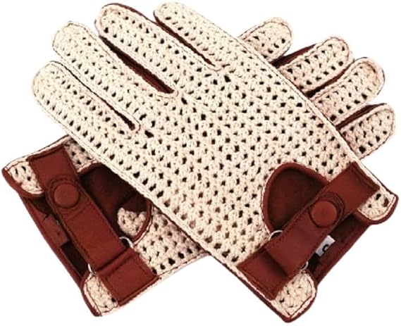 Men`s Real Leather Driving Gloves Retro Style Full Finger Crochet Cognac Chauffeur (X-Large, Cognac)
