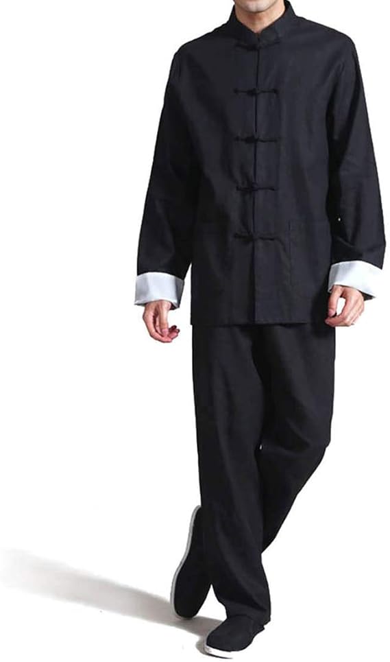 Men's Cotton Linen Kung Fu Suit Chinese Martial Arts Uniform Meditation Suit Roll-Up Sleeve Frog Button Shirt Pants Outfit (Black, XL)
