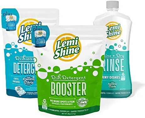 Lemi Shine Dish Care Bundle with Powerful Citric Acid - Dish Detergent Booster, All in One Powder & Gel Dishwasher and Shine + Dry Natural Dishwasher Rinse Aid