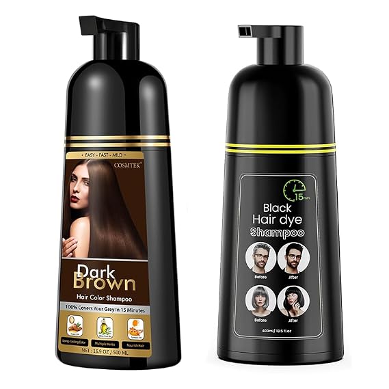 Permanent Dark Brown Hair Dye Shampoo and COSMTEK Semi-Permanent Black Hair Dye Shampoo