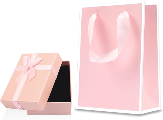 lvzhen Small Gift Box and Gift Bag, 9x7x3cm Jewellery Gifts Box and Paper Gifts Bag Bracelet Earring Ring Necklace Gifts Box with Lid for Presents (Pink Gift Box and Bag)