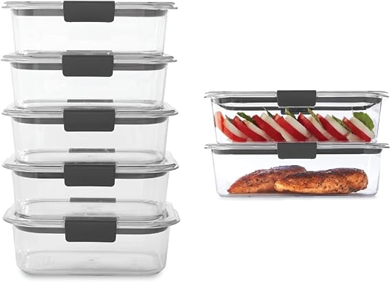 Rubbermaid Leak-Proof Brilliance Food Storage Set | 9.6 Cup Plastic Containers with Lids, 2-Pack, Clear & Brilliance Food Storage Container, BPA free Plastic, Medium, 3.2 Cup, 5 Pack, Clear