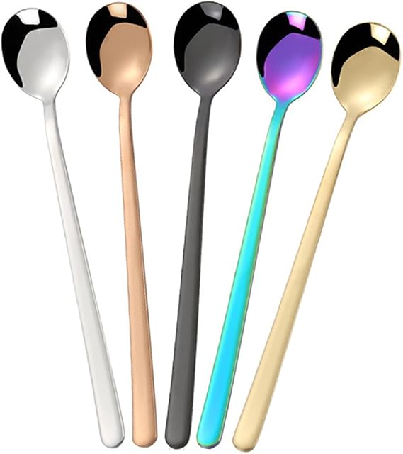 7.7-Inch 5 Color Mixing Ice Tea spoon, Long Handle Ice Cream Spoon, Stainless Steel Cocktail Stirring Spoons Bar Accessories Pack of 5 (5-mix Color)