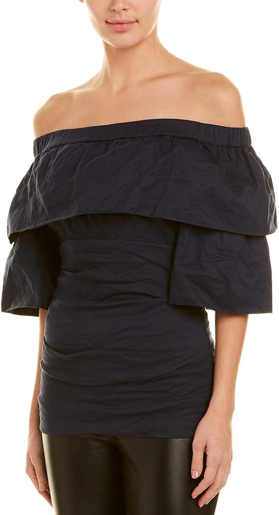Nicole Miller Artelier Navy Solid Cotton Off The Shoulder Rufflle Top, US Medium