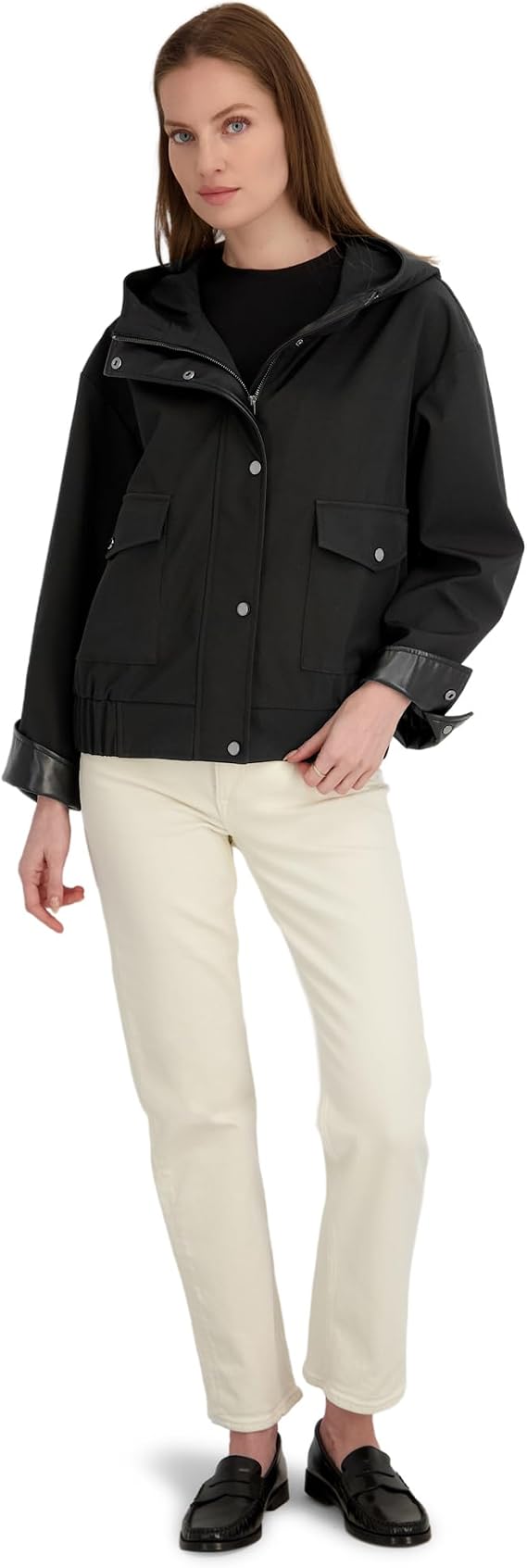 TAHARI Women's Leone Hooded Rain Bomber Water-resistant Softshell Jacket Patch Pockets