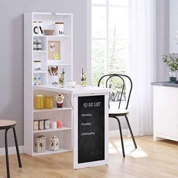 Folding Floating Desk with Chalkboard, Wall Mounted Space Saving Fold Up Convertible Table with Storage Shelves & Hooks (White)