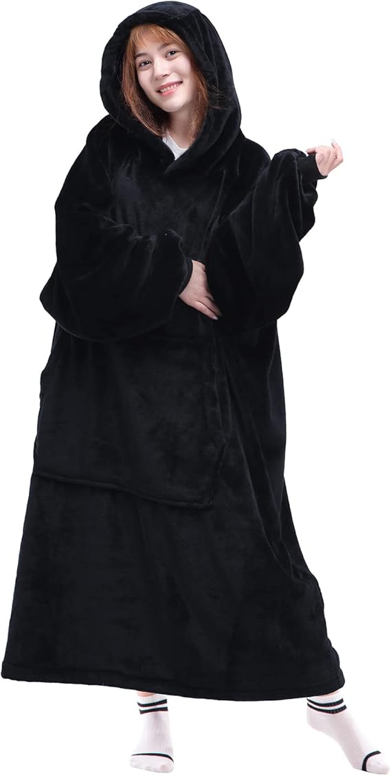 Waitu Wearable Blanket Sweatshirt Gifts for Women and Men, Warm and Cozy Giant Blanket Hoodie, Thick Flannel Blanket with Sleeves and Giant Pocket - Black