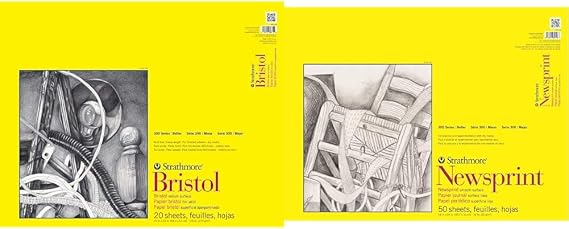 Strathmore 300 Series Bristol Paper Pad, Vellum, Tape Bound, 19x24 inches, 20 Sheets (100lb/270g) & Smooth Newsprint Paper Pad 18"X24"-50 Sheets -307018