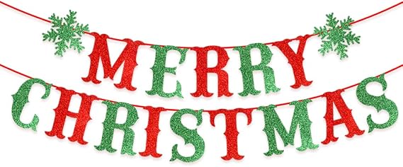 Yahpetes Merry Christmas Banner Glitter Red and Green Xmas Sign with Snowflake Decorations Bunting Garland Snowflake Party Supplies Set for for Home Fireplace Decor
