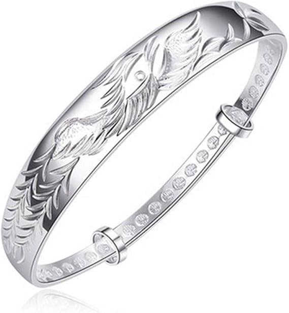Adjustable Sterling Silver Bracelet for Women, Sterling Silver Bracelet For Women,Women 925 Silver Bracelet Vintage Carve Phoenix Adjustable Cuff Bangle Friendship Bracelet Ladies Silver Jewellery Bir