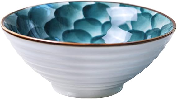 VoOqo Soup Bowls,Ramen Bowls, Japanese Style Noodle Bowl Soup Bowls Handmade Trumpet Bowl Ceramic Tableware Set Dark Green Hand-Painted Ramen Bowl