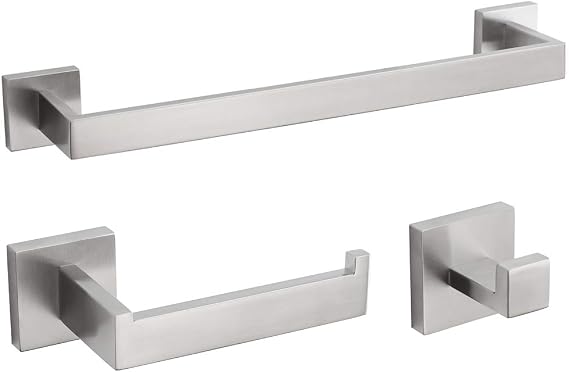 VELIMAX Premium Stainless Steel 3-Piece Bathroom Hardware Set Wall Mounted Bathroom Accessory Set - Robe Hook Toilet Paper Holder 16-Inch Towel Bar, Brushed