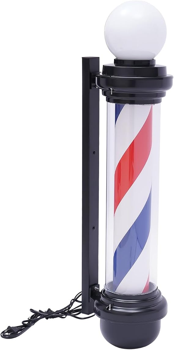 32Inch Barber Pole Red White Blue Stripes with LED Light,Traditional Barber Pole Outside Barber Shop Rotating Light