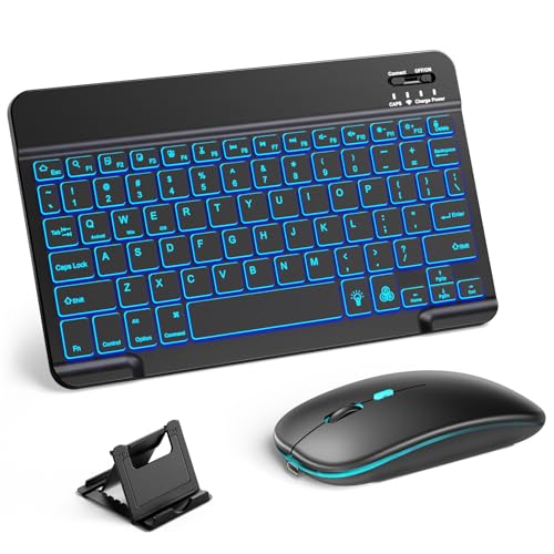 Hamile Bluetooth Keyboard and Mouse for iPad - Rechargeable Wireless Keyboard for iPad 11th10th9th Gen, ProAirMini, iPhone, Ultra-Slim Tablet Keyboard and Mouse with 7-Color Backlit, Black