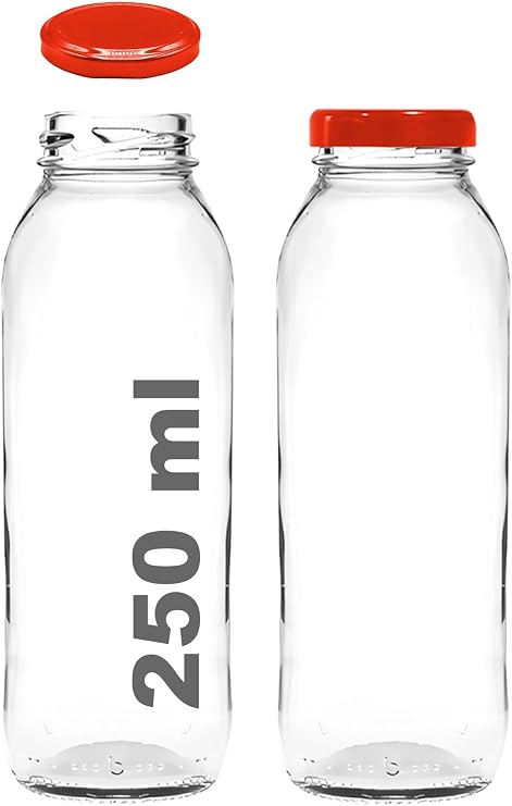 250 ml Şeffaf Hale Cam Şişe, Kırmızı Metal Kapaklı, Meyve Suyu ve İçecekler için, 250 cc, Yerli Üretim, 6 Adet