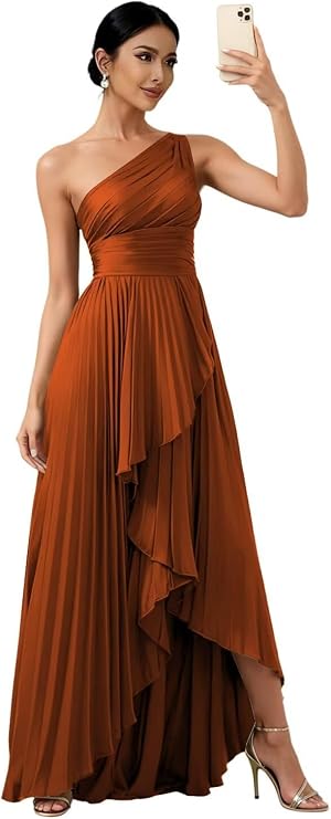 Women's One Shoulder Bridesmaid Dresses with Slit Pleated Chiffon High Low Long Formal Evening Dress for Wedding