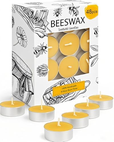 48 Packs Beeswax Tealight Candles, Natural Beeswax Tea Light Candles in Aluminum Cup, 4 Hours Burn Time, Organic Tea Candle for Home Decor, Air Purification, Emergency