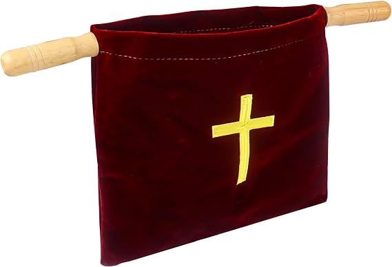 Klmnop Velvet Church Offering Bag, Offering Bag with Wooden Handles for Churches Communion Supplies(Red)