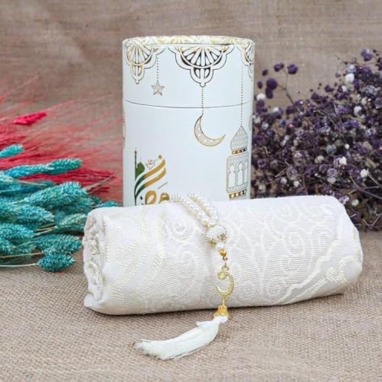 VHD Muslim Prayer Rug Set, Eid Gift, Ramadan Mubarak Favor, Islamic Tasbih Mat Set White