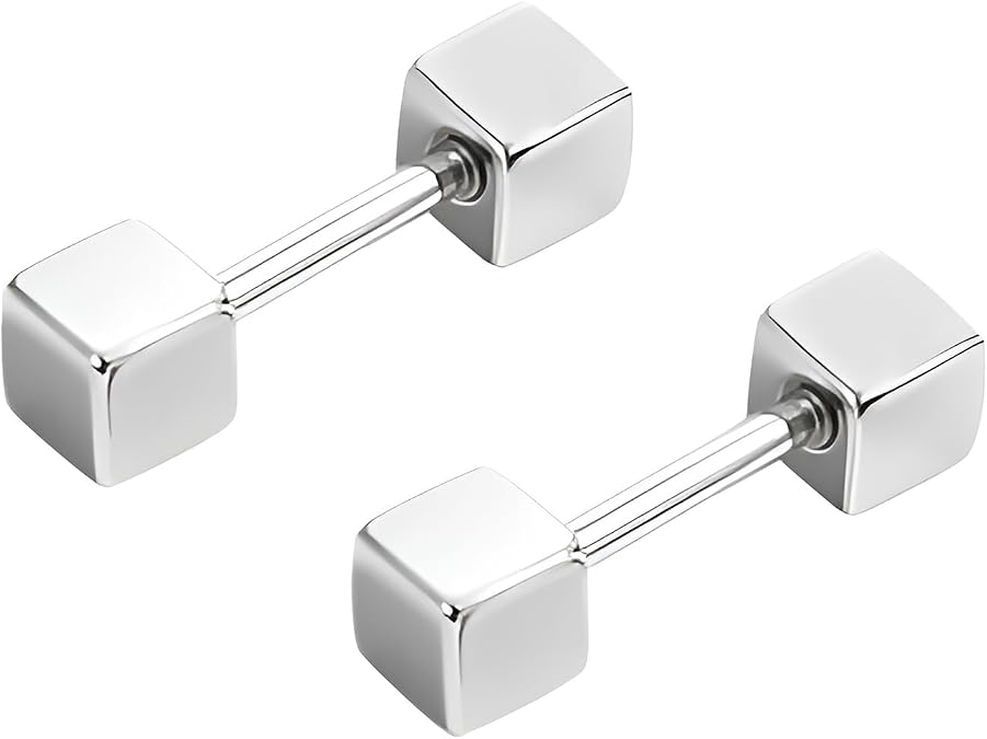 Titanium Steel Cube Stud Earring 1 Pair Silvery Flatback Earrings Hypoallergenic Screwback Jewellery Square Back Helix Jewelry for Sensitive Ears Men Women Ladies Aretes De Mujer Hombre