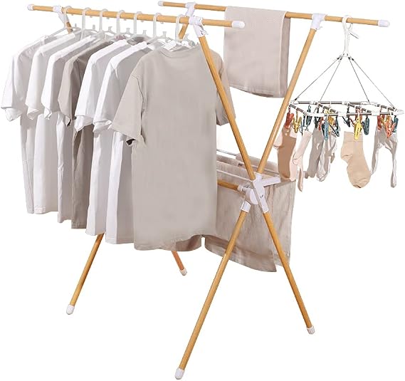 Hershii Foldable Clothing Drying Rack for Hanging Clothes Indoor Outdoor Garment Storage Display Hanger Stand Space Saving Length Extendable Laundry Rail with Collapsible Shelf