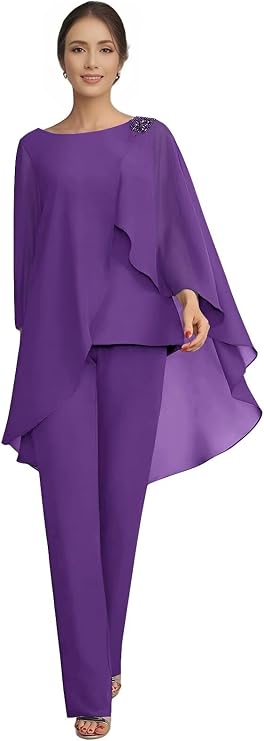 Mother of The Bride Pant Suits for Wedding Chiffon 2 Piece Pant Suit Cape Long Sleeve Formal Wedding Guest Outfits