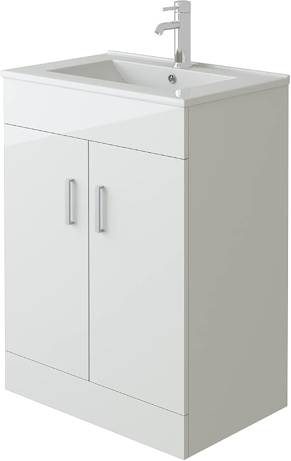VeeBath Sphinx High Gloss White Free Standing Basin Vanity Cabinet Unit &amp; Rectangular Sink - 600mm