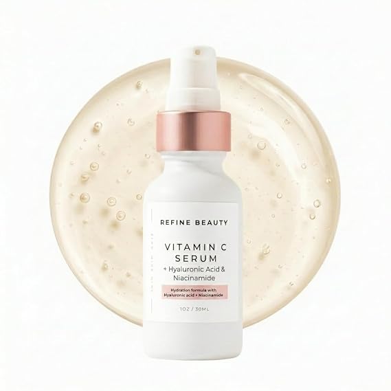 REFINE BEAUTY Vitamin C Serum with Hyaluronic Acid + Niacinamide for dark spots, fine lines and wrinkles to improve skin texture and tone - Vegan, Cruelty-Free 1 oz.