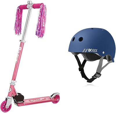 Razor A Kick Scooter for Kids and 80Six Dual Certified Kids Bike, Skate, Scooter Helmet, Navy Matte, SmallMedium Bundle