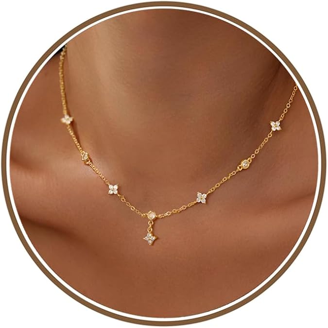 Yoosteel Dainty Gold Clover Pearl Heart Butterfly Star flower Choker Necklace for Women - 14K Gold Plated Cubic Zirconia Pendant Station Necklaces for Women Teens Trendy Prom Jewelry Gifts