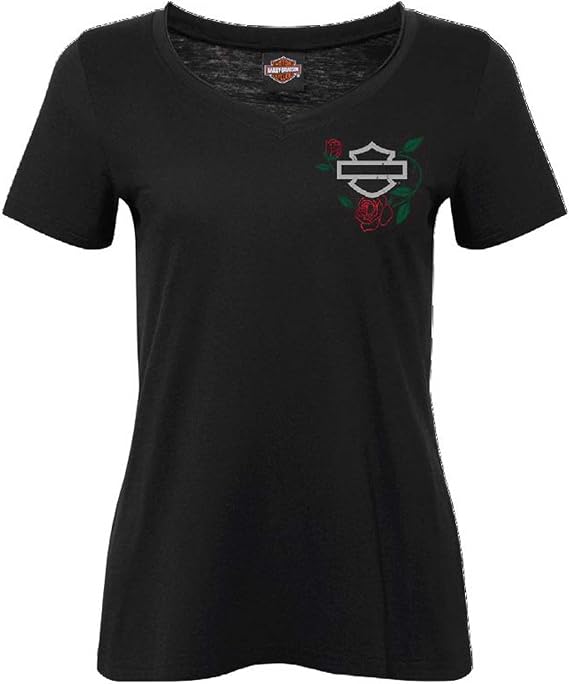Harley-Davidson Women's Thicket Foil V-Neck Short Sleeve Raw-Edge Tee, Black