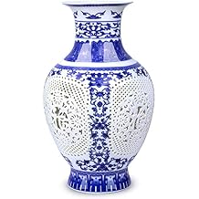 Dahlia Blue and White Vase, Handmade Chinese Porcelain Flower Vase, Hollow Carved, Fish Tail Shape #2 10.5 Inches