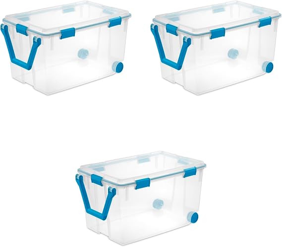 Sterilite 120 Qt Wheeled Gasket Box, Weather-Resistant Clear Bin, 3 Pack