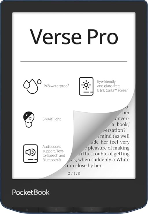 PocketBook Verse Pro E-Reader Waterproof | Eye-Friendly 6'' E-Ink CartaTM HD Touchscreen | Audio-Book & E-Book Reader | Text-to-Speech Function | SMARTlight | 16GB | WiFi & Bluetooth | Azure