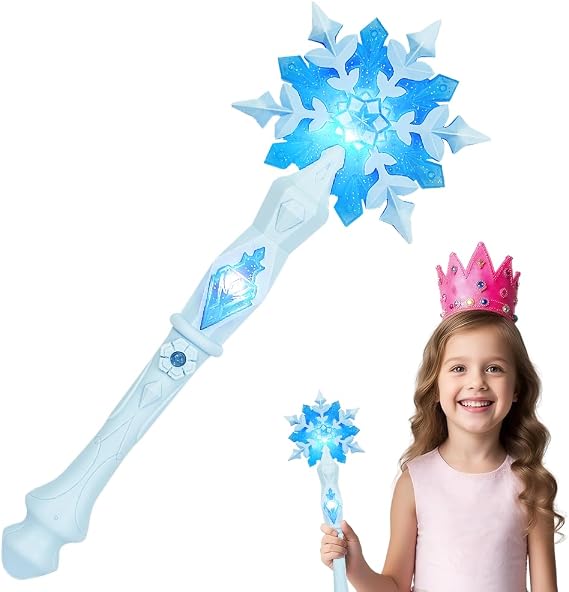 AUYAO Light Up Snowflake Wand LED Glowing Fairy Princess Wand Light Up Wand LED Fairy Stick with Sound for Kids Girls Party Favors Costume Cosplay Pretend Play Christmas Birthday(Blue) | Snowflake Luminous Wand, Crown Necklace Earrings, Cosplay Party