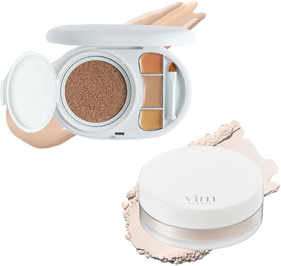 Set: Effect Like Finish Foundation Kit 22 sand SPF50+ PA+++ Cushion Foundation, 3 Color Concealer, Keep Confidence Powder, 0.2 oz 6 g, Anti-Glare Face Powder