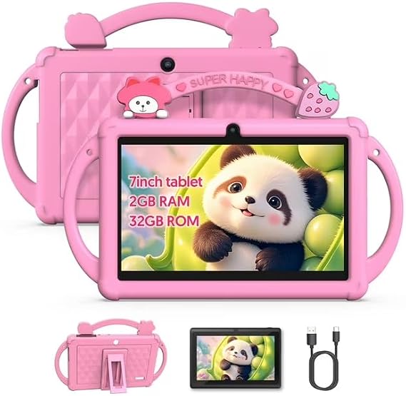 Kids Tablet, 7 inch Android 13 Tablet, Quad Core CPU, 4GB2G2G RAM32GB ROM, 1024 x 600 IPS, WiFi, BluetoothPink Blue