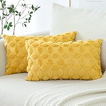 OTOSTAR Set of 2 Soft Plush Short Wool Velvet Decorative Throw Pillow Covers with 3D Flower Pattern Cushion Covers - Couch Sofa Pillow Covers for Living Room - Yellow 12x20 Inch