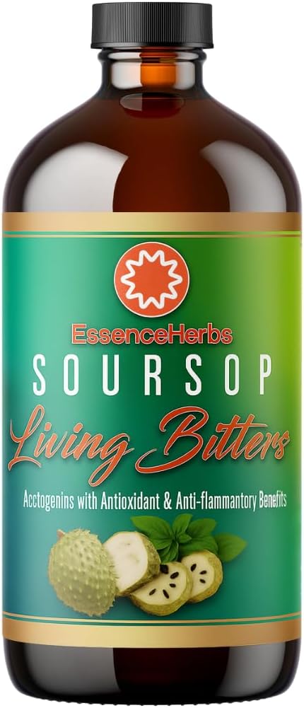 Essence Herbs Soursop Bitters Liquid for Digestive & Gut Support, Organic Herbal Supplement with Soursop Leaf & Fruit, Moringa, Black Seed, Neem, Turmeric & Ashwagandha, 16 fl oz