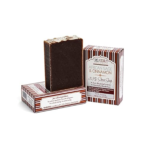 Shea Terra 33% Shea Butter Soap with African Wild Sage & Cinnamon All Natural, Emollient Soap that Cleanses, Moisturizes, and Naturally Deodorizes with Properties that Lift Away Impurities 4.5 oz