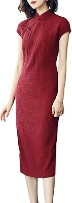Womens Summer Cheongsam Cap Sleeve Midi Dress Traditional Chinese Mandarin Collar Side Slit Qipao Vintage Dress