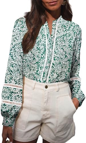 Astylish Womens Floral Printed Mock Neck Shirt Button Down Eyelet Blouse Tops