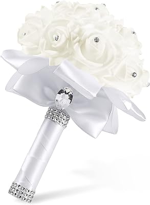 Bride & Bridesmaid Bouquets for Wedding, Crystal Silk Bride Bridesmaid Hand Holding Flower Bouquet for Wedding, Artificial Flowers Bridal Bouquets with Diamond Soft Ribbons for Bride Ivory