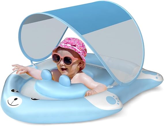Double Float with Adjustable Safety Seat,Canopy UPF 50+ Sun Removable,Inflatable Animal Style Float,Swimming Float for 6-36 Months,Blue Bear