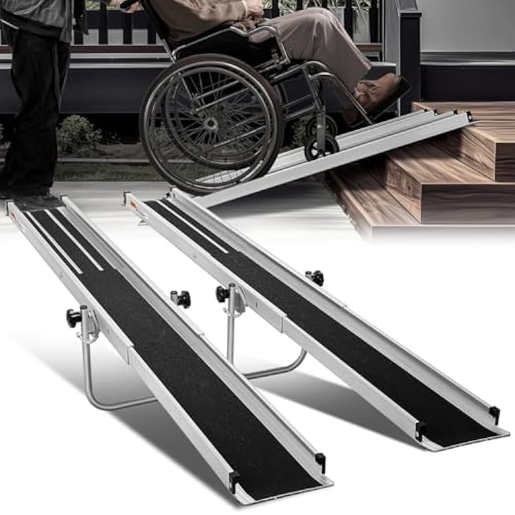 Auto Dynasty 8FT Adjustable Wheelchair Ramp with Support Stand, Portable Telescoping Folding Aluminum Wheel Chair Threshold Ramps for Home Steps Doorways, 96 L x 7.4 W, 1200Lbs Capacity 2 Pack