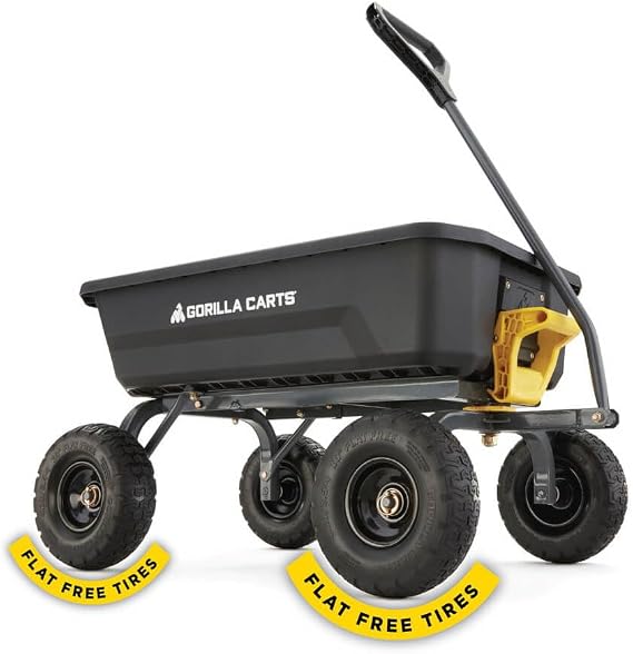 Gorilla Carts Dump Garden Cart, 4 Cu Ft, 600 lb Capacity, No-Flat Tires | Utility Wagon, Steel Frame, Patented roll-over dump design, Wide wheelbase for stability, Quick assembly, Rust-resistant
